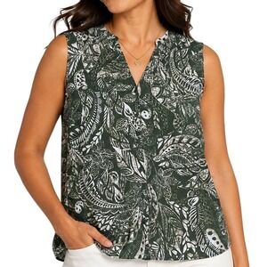 Erika Women Green Batik Print Sleeveless Button Down Shirt Large Tropical Boho